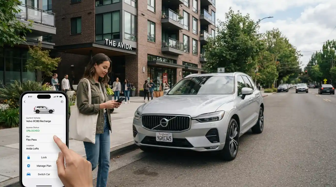 Modern car parked outside an urban building with a smartphone showing a vehicle subscription interface
