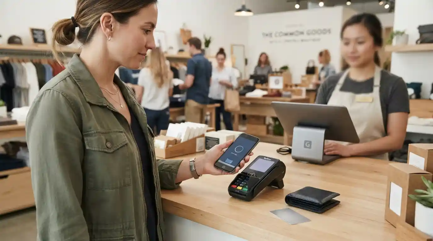 Consumer using a smartphone digital wallet at a contactless payment terminal with a physical wallet nearby