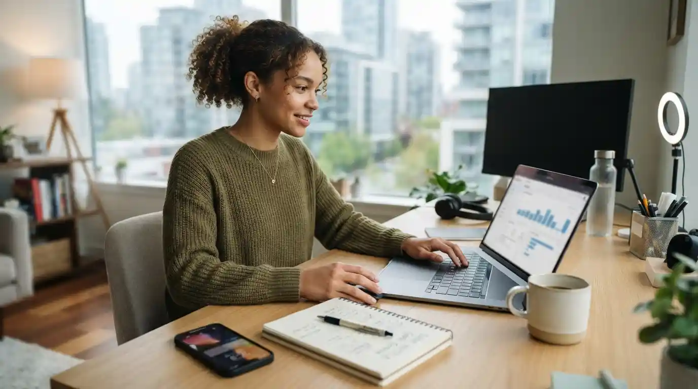 Young entrepreneur working on a laptop while managing a modern side hustle from a home office