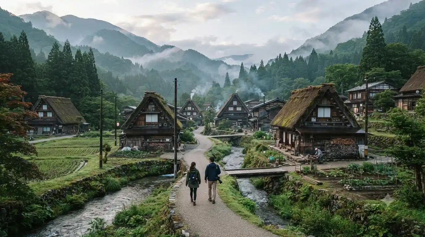 Traditional thatched-roof village surrounded by forested mountains in rural Japan
