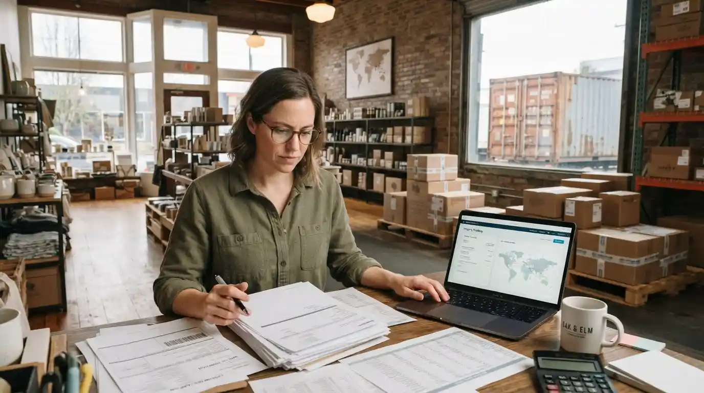 Small business owner reviewing trade costs and shipping documents in a local business workspace