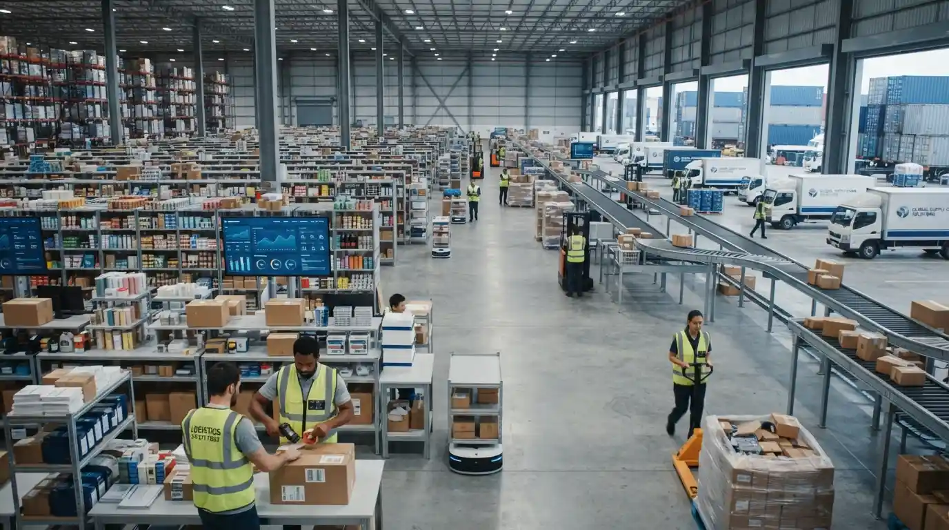 Modern fulfillment warehouse with workers, packages, inventory technology, and organized logistics operations