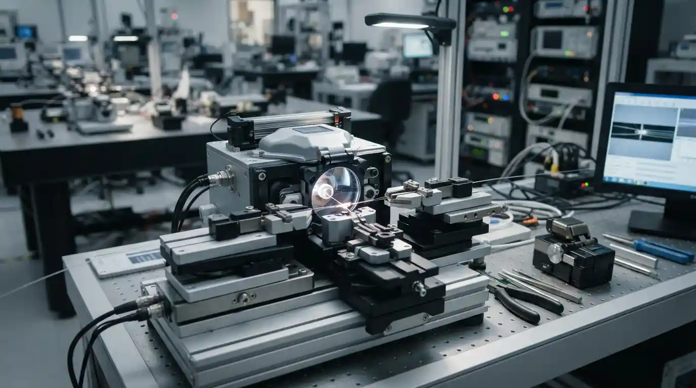 Precision fiber optic processing equipment working with optical fibers in a modern technology laboratory.