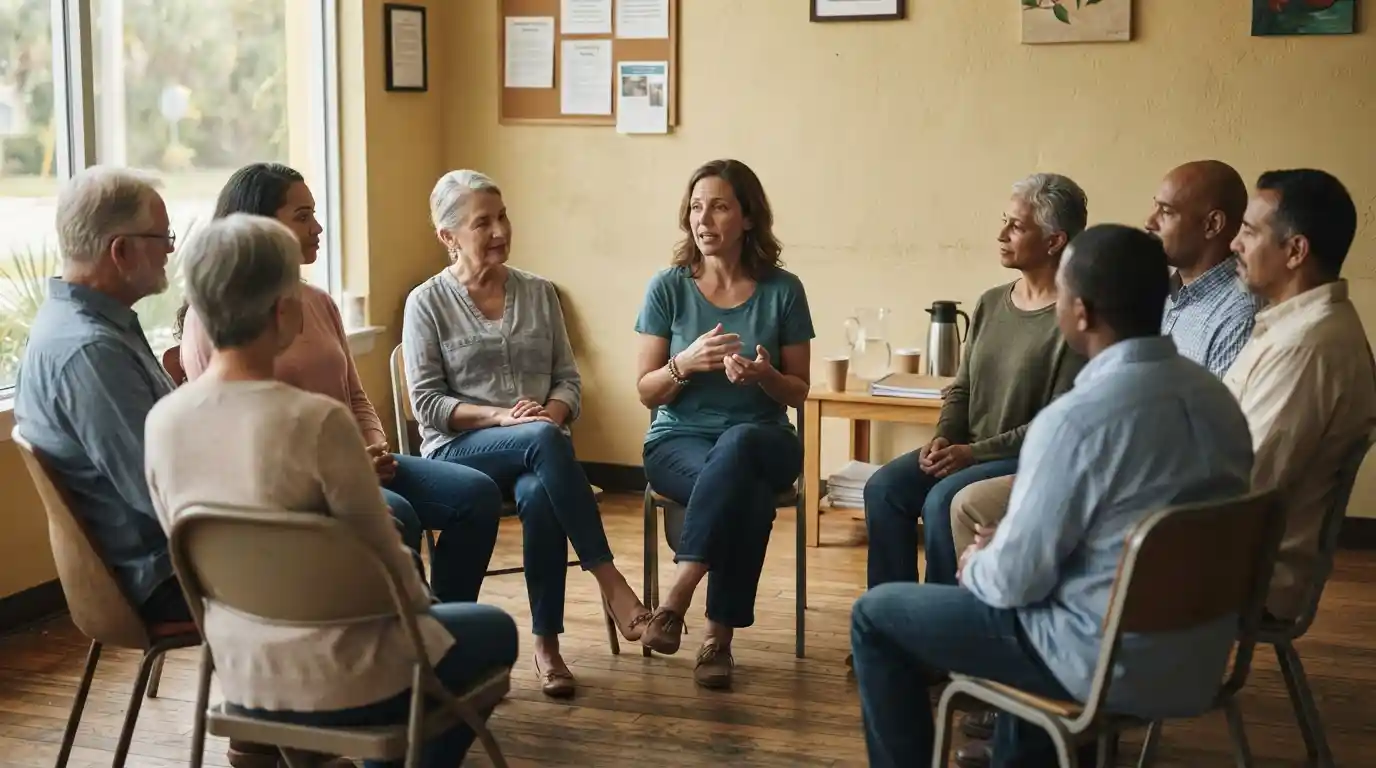 Adults sitting together in a supportive recovery meeting in St. Petersburg