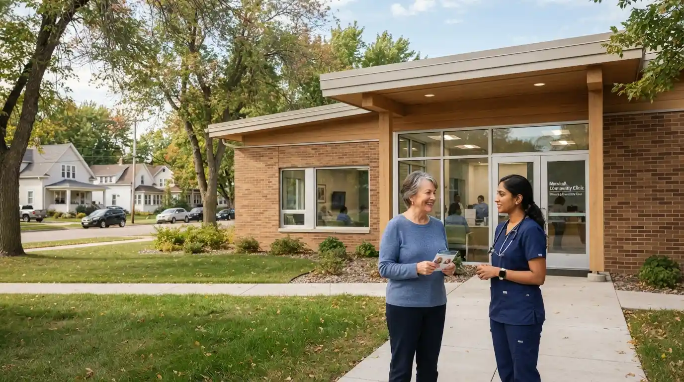 Healthcare professional and patient outside a modern community medical clinic in Marshall, Minnesota