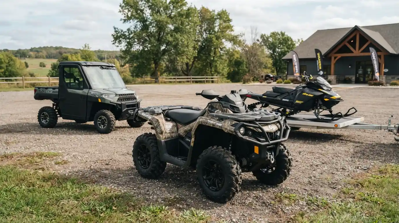 ATV displayed alongside a side-by-side recreational vehicle and snowmobile in an outdoor dealership setting.