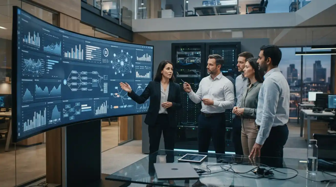 Technology professionals collaborating with digital business systems in a modern corporate environment