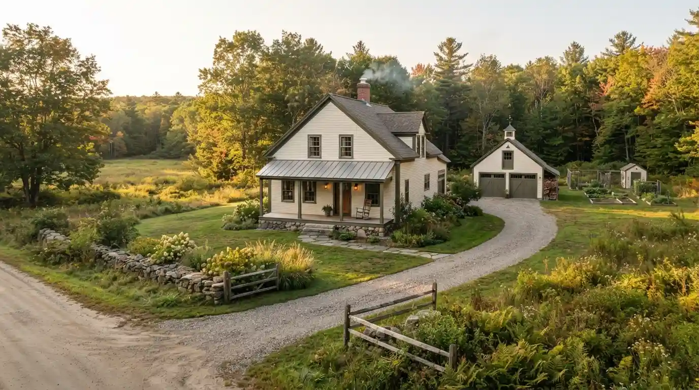 Traditional Maine home surrounded by wooded acreage in a rural Alna setting