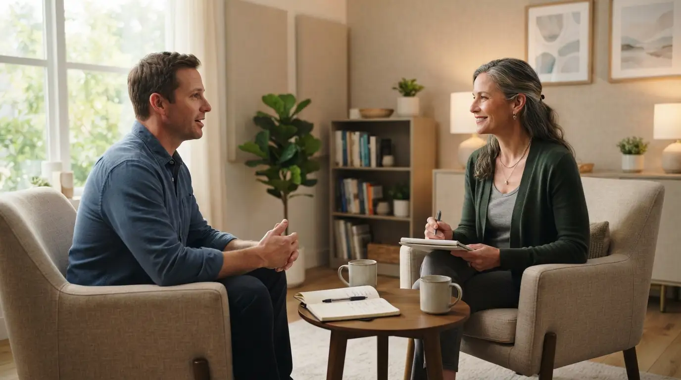 Mental health professional speaking with an adult patient in a comfortable therapy office