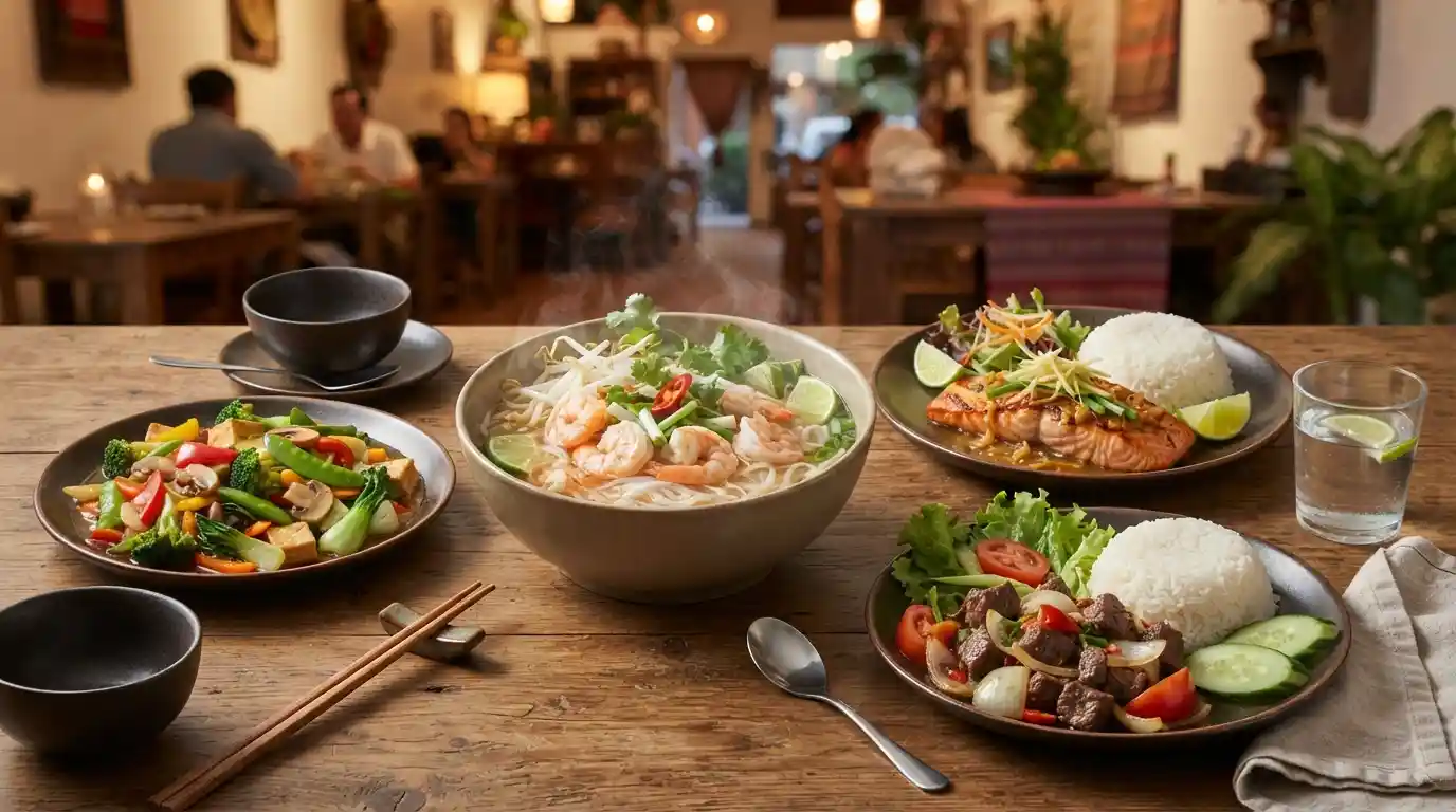 A selection of Cambodian-inspired dishes including shrimp pho, vegetables, fish with ginger sauce, and a rice entrée on a restaurant table.