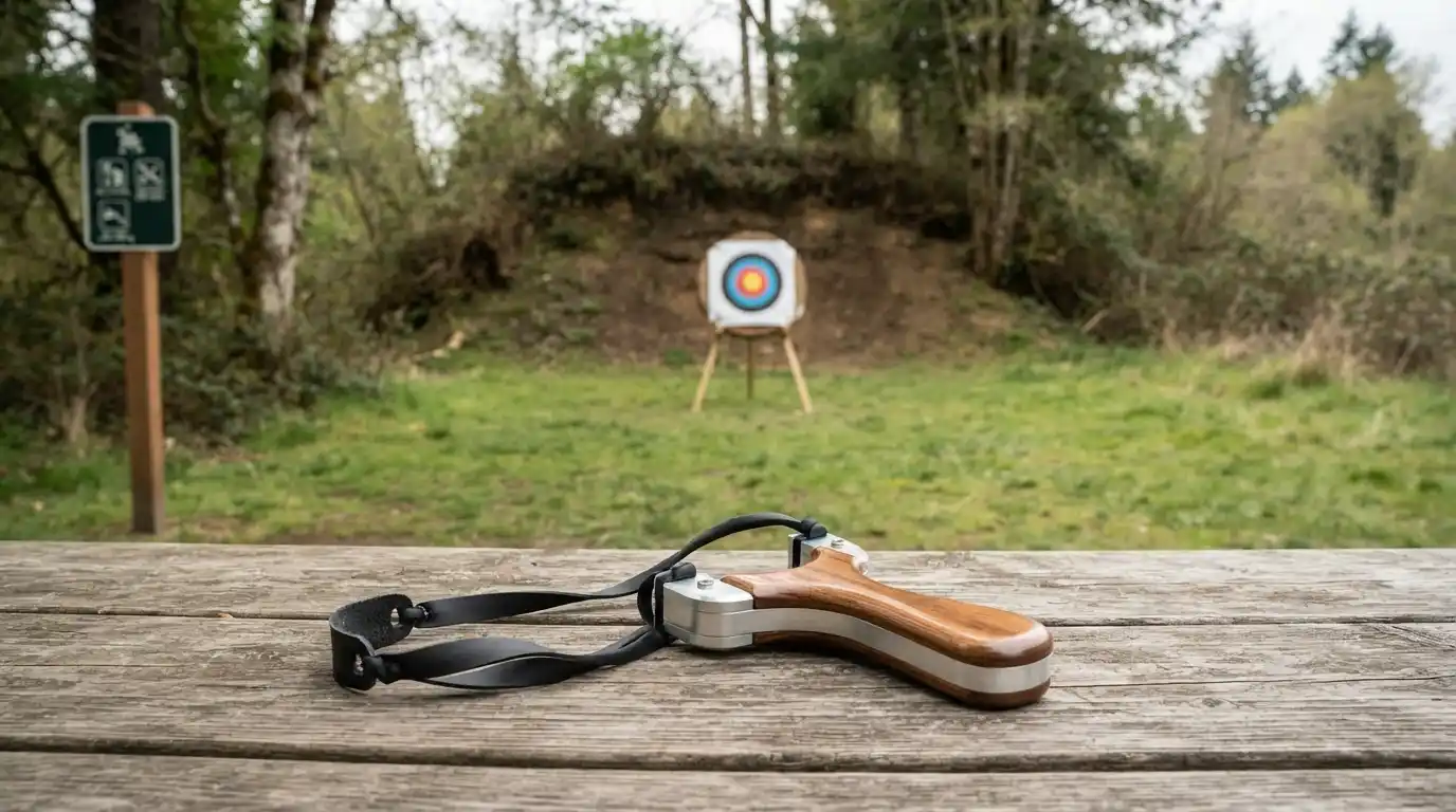 Recreational slingshot positioned near a target and secure outdoor backstop