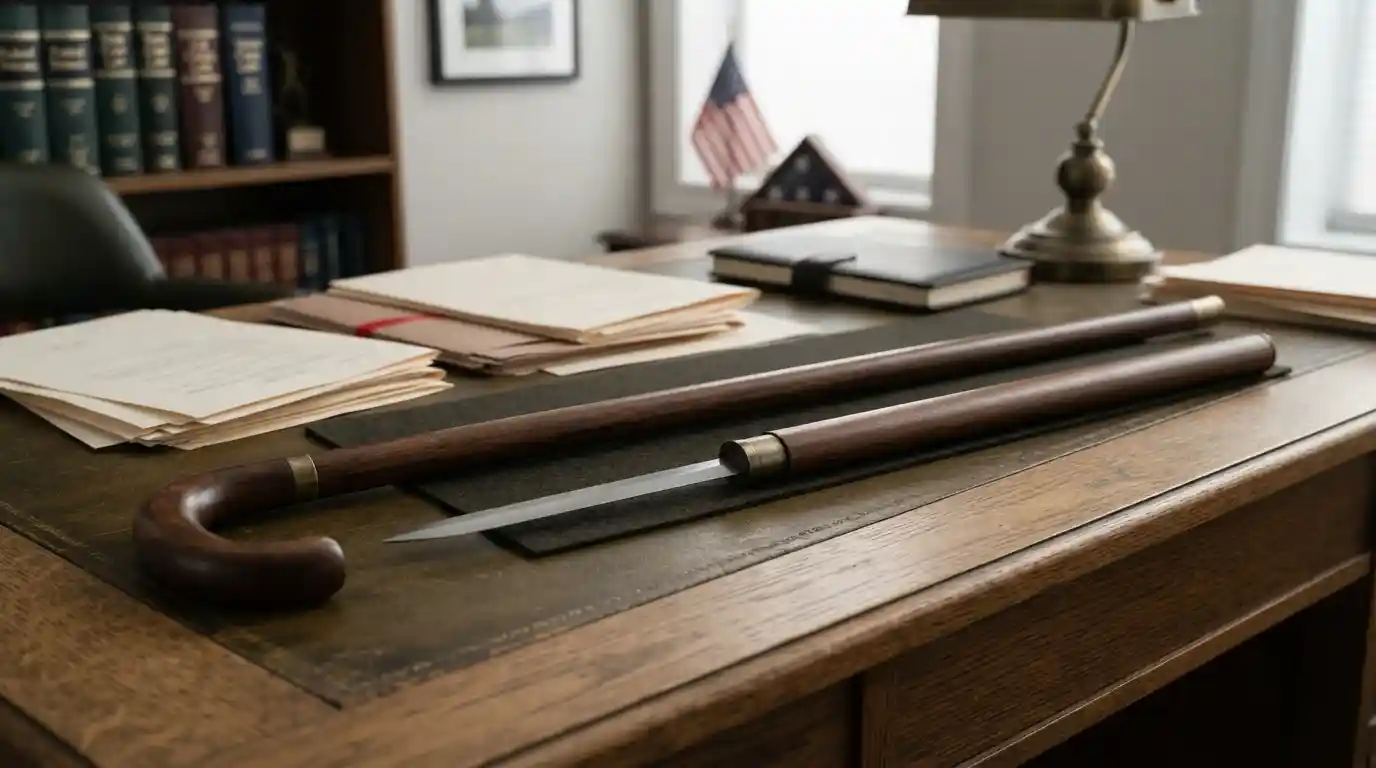Traditional walking cane with its concealed blade mechanism shown for a legal and safety article