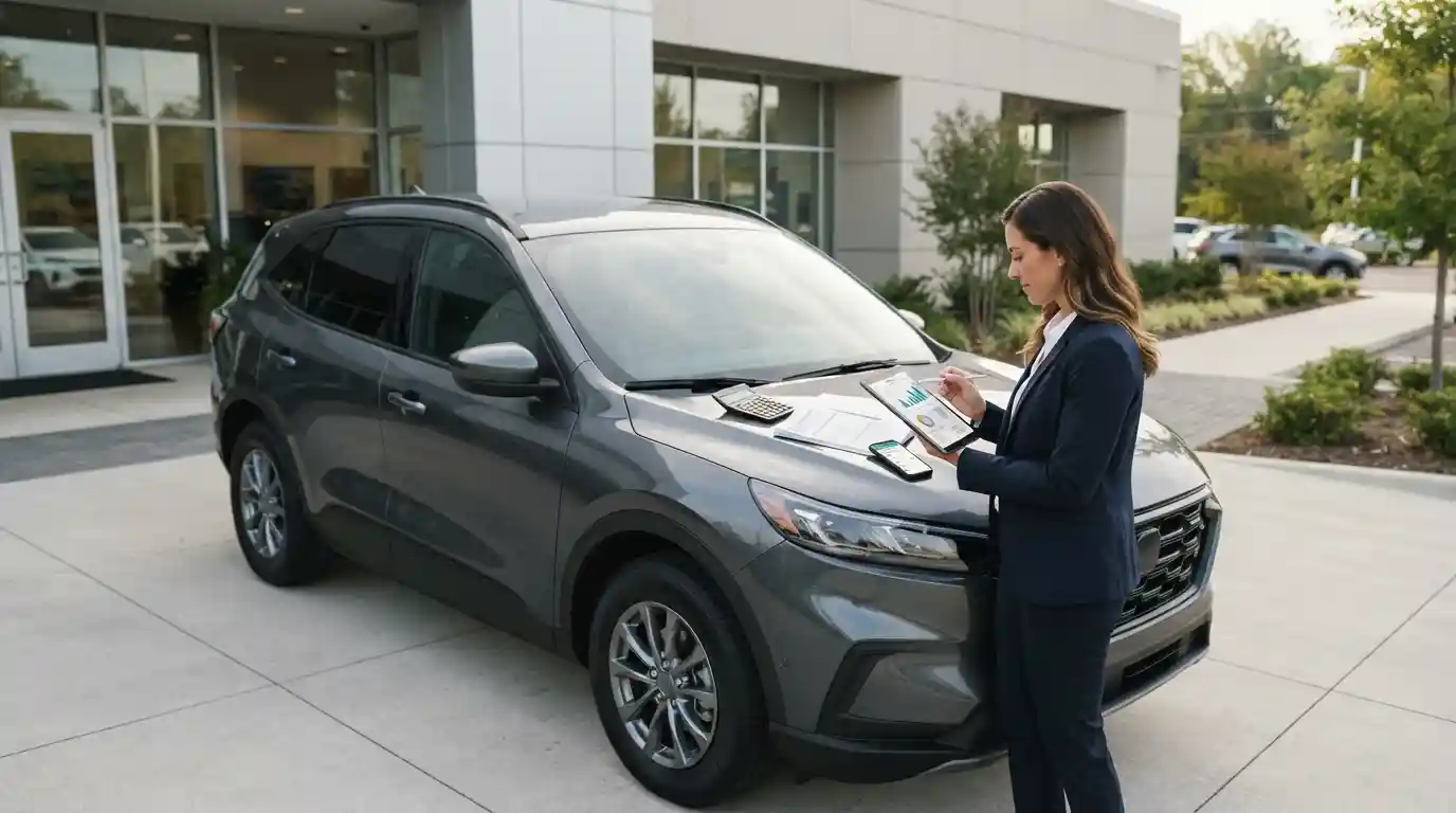 Buyer reviewing vehicle financing documents beside a modern utility vehicle