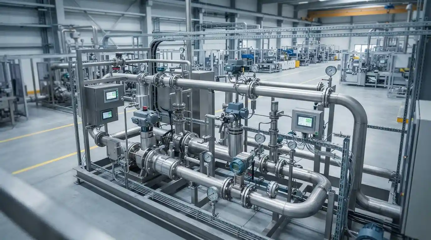 Modern industrial flow-control equipment with automated valves, pumps, sensors, and interconnected pipelines inside a processing facility.