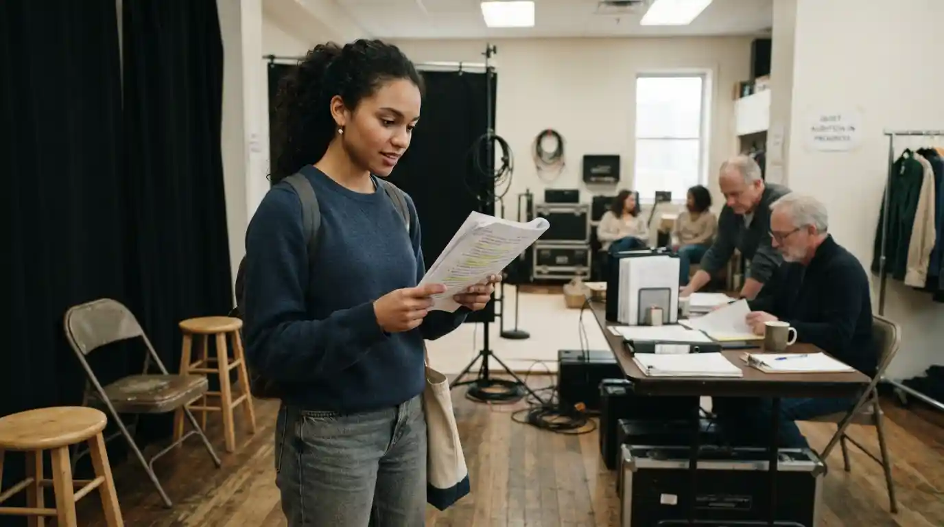 Aspiring actor preparing audition materials in a professional backstage casting environment