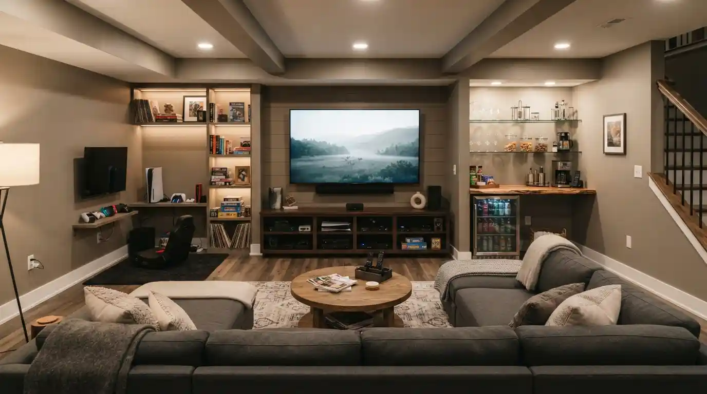 Modern basement entertainment center with a large TV, sectional seating, gaming area, and warm lighting