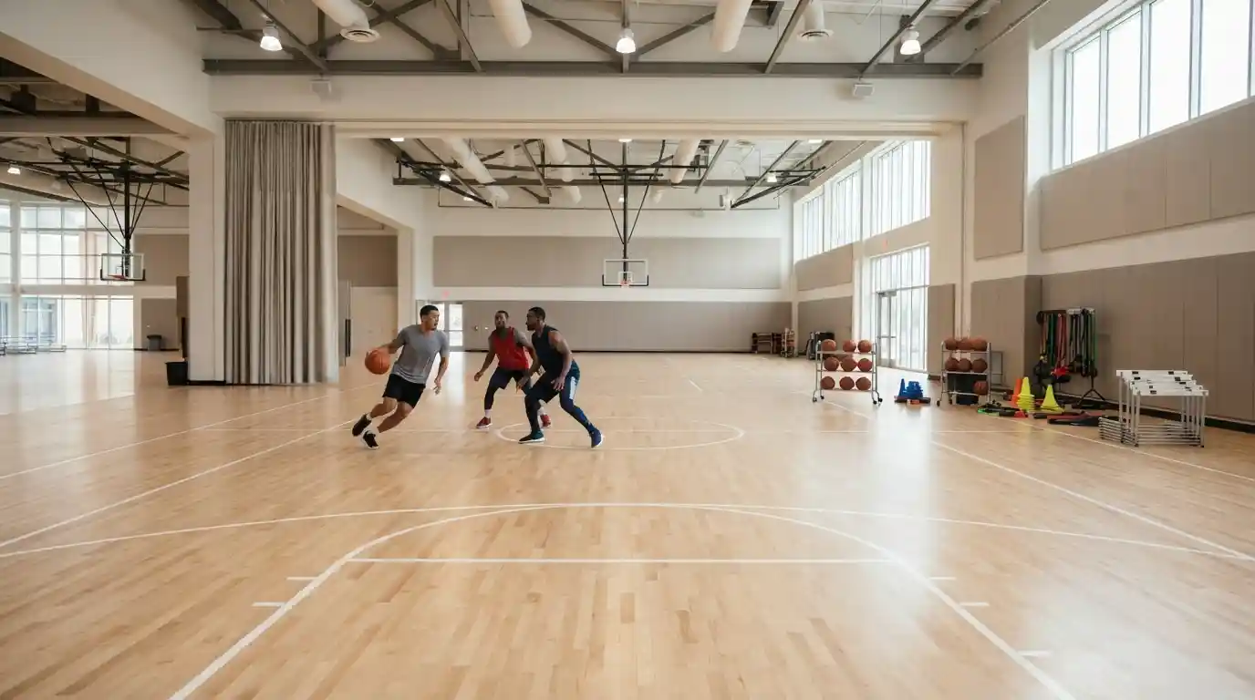 Athletes practicing basketball on an indoor sports court with training equipment nearby.