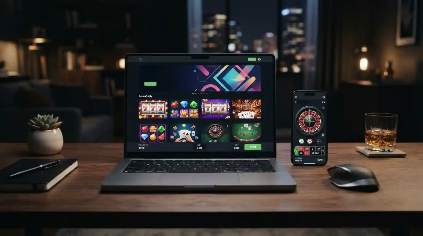 Online casino games displayed on a laptop and smartphone in a modern gaming setting