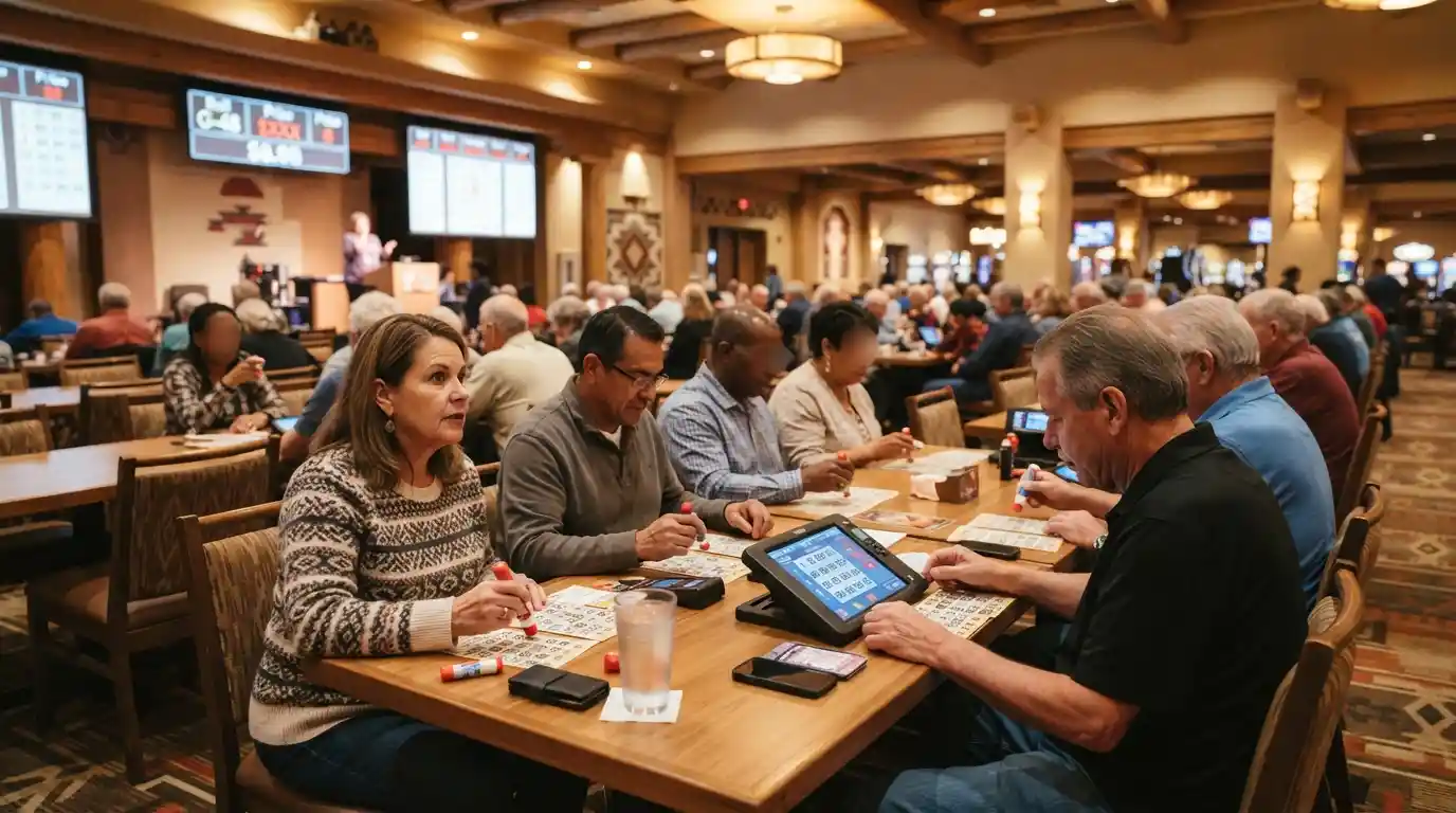 Adults playing bingo at a modern Southwestern casino bingo hall