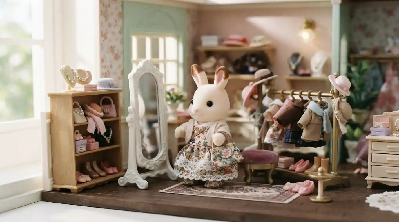 Miniature animal character styled with clothing, shoes, and fashion accessories in a dollhouse boutique setting