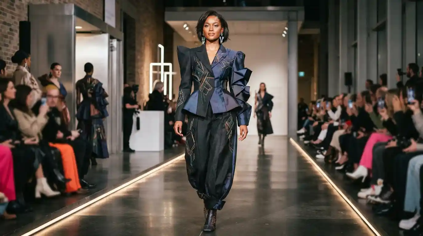 Young fashion designer's runway collection presented at a contemporary student fashion show