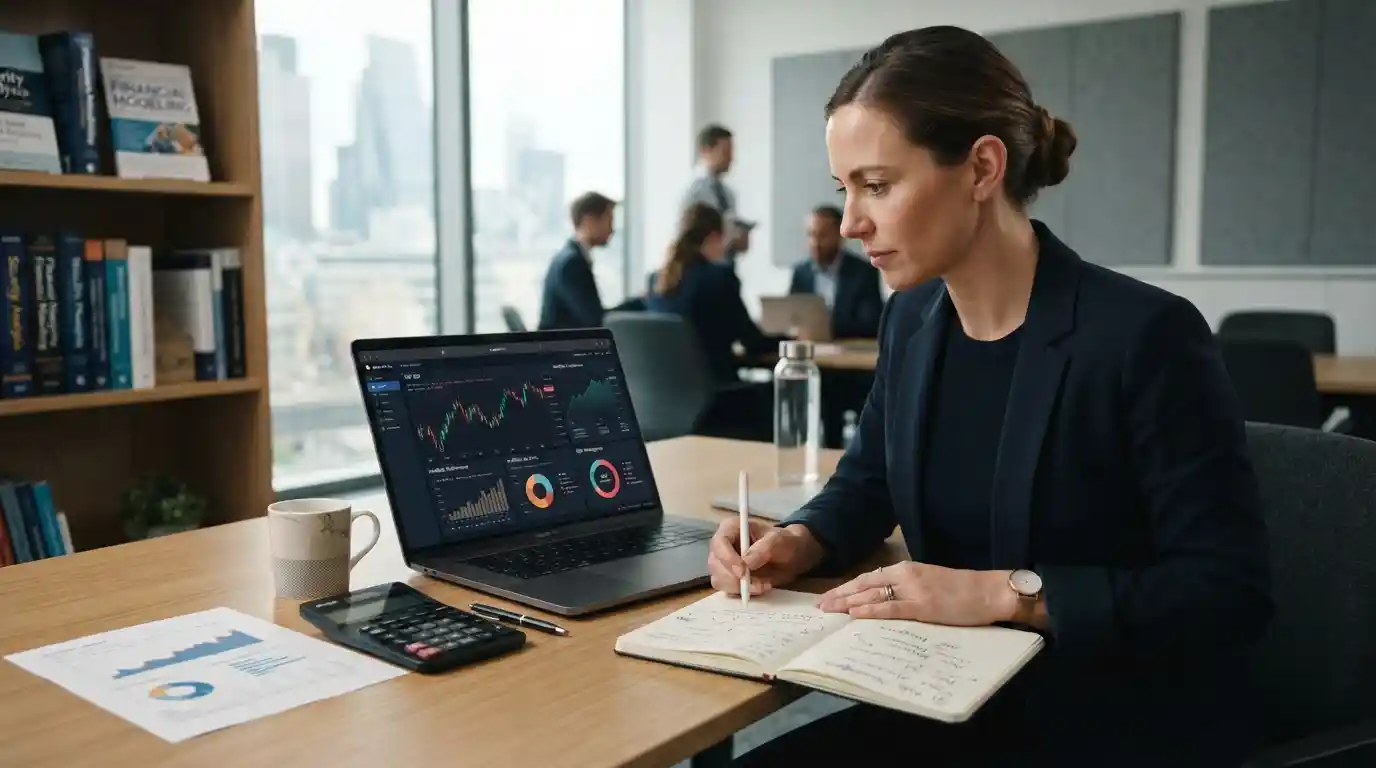 Professional learner studying financial charts and portfolio analysis in a modern finance education setting