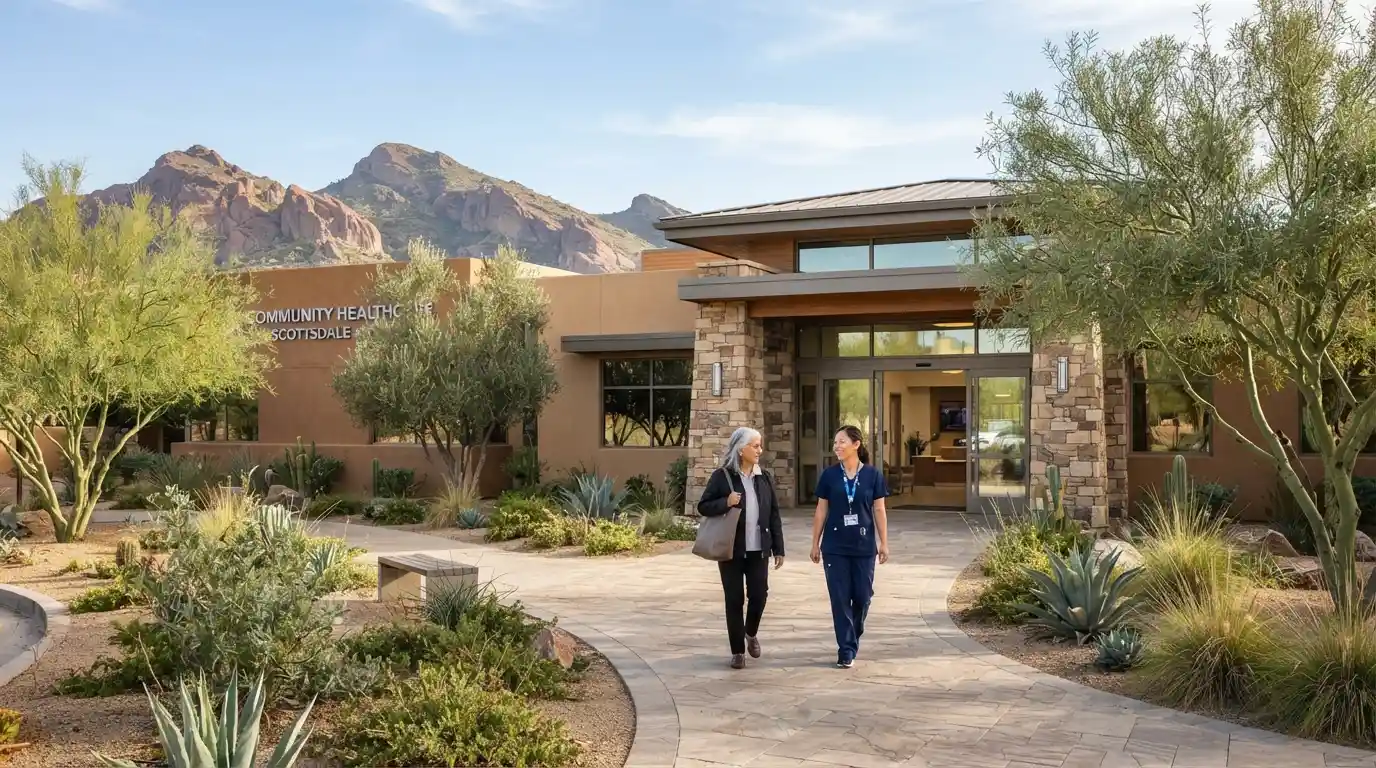 Modern community healthcare center with patients and a healthcare professional near the entrance