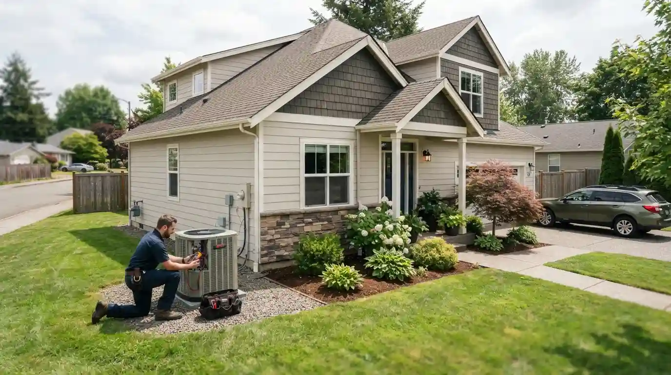 Professional technician inspecting an HVAC system outside a modern American home
