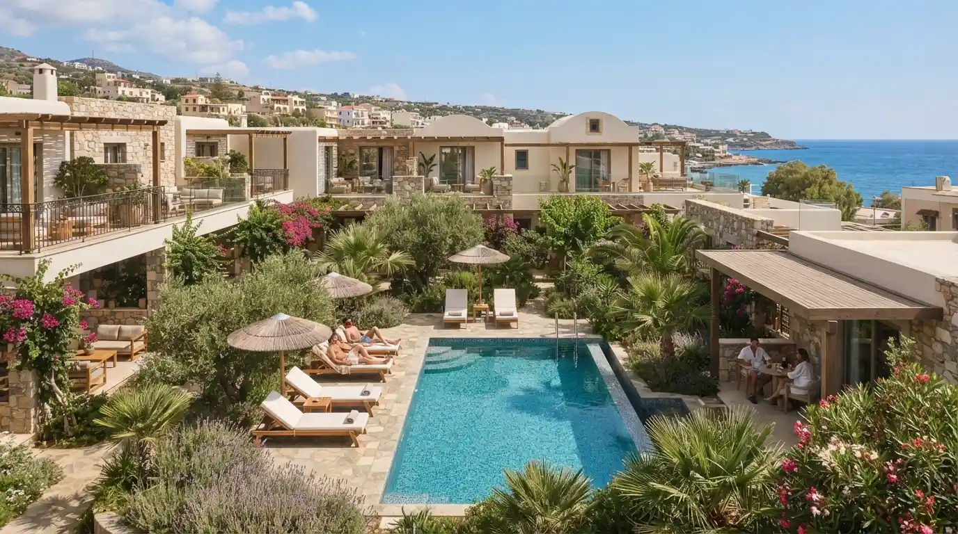 Boutique hotel pool and garden at Cosmeen Lifestyle Boutique Stay in Hersonissos, Crete