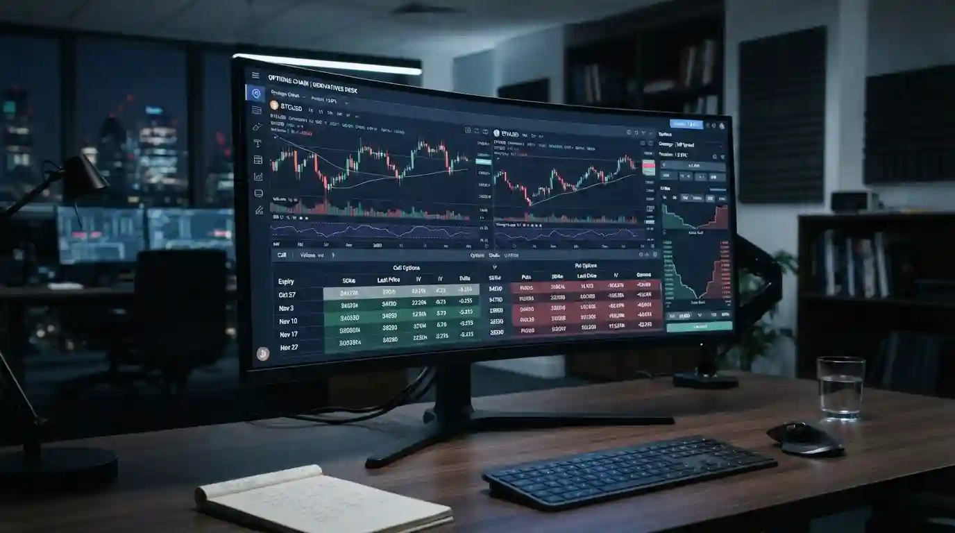 Cryptocurrency options trading displayed on a financial market analysis workstation with digital asset charts and options data.
