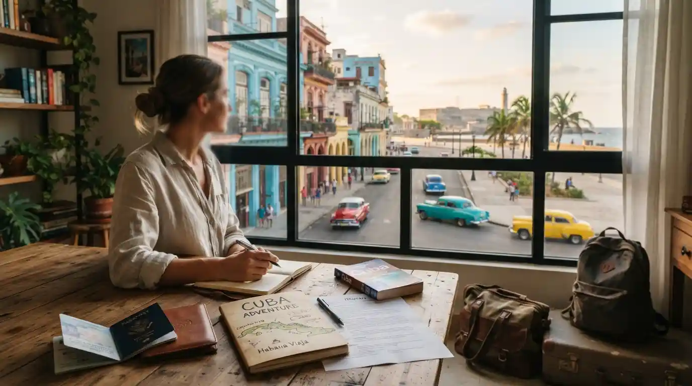Travel planning scene with luggage, passport, and Cuba-inspired destination details