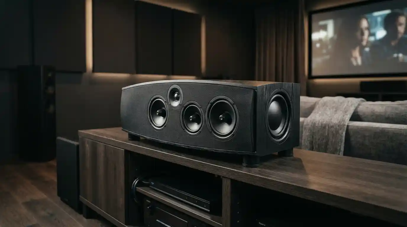 Definitive Technology CLR 2300 speaker positioned in a modern home theater