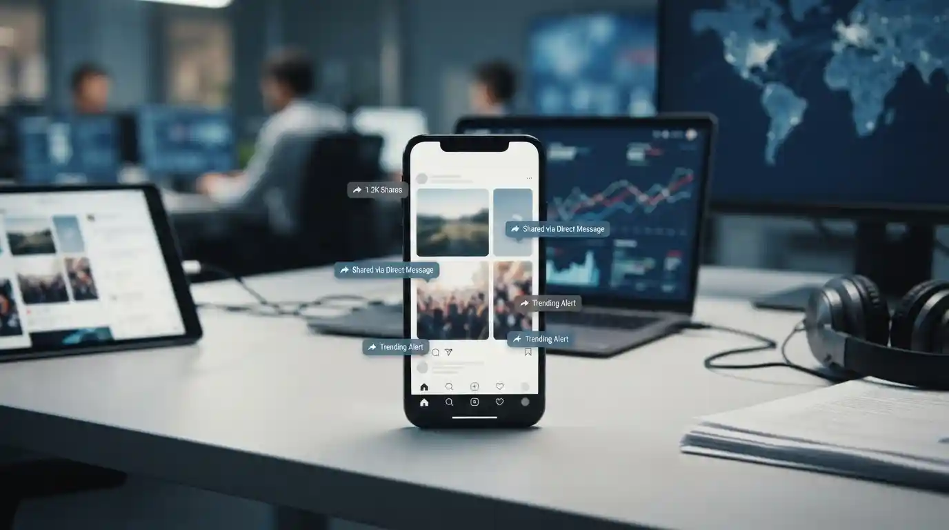 Smartphone showing a generic viral video feed surrounded by digital sharing and social media activity