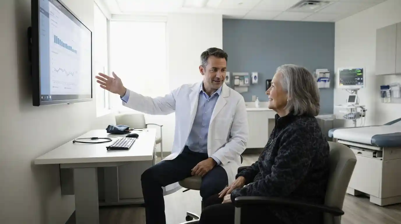 Physician discussing patient care alongside digital healthcare technology in a modern clinical setting
