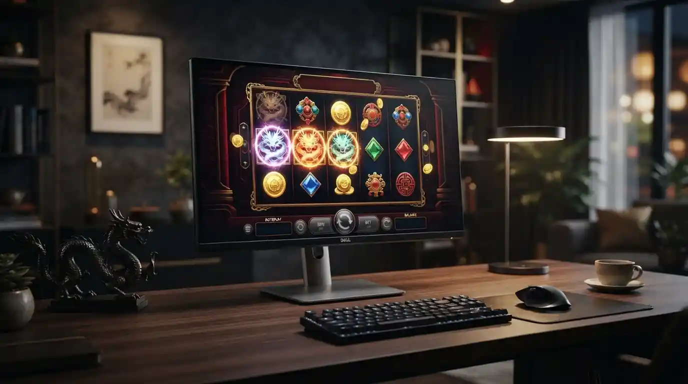Modern computer displaying a generic online casino gaming interface in a dark premium setting