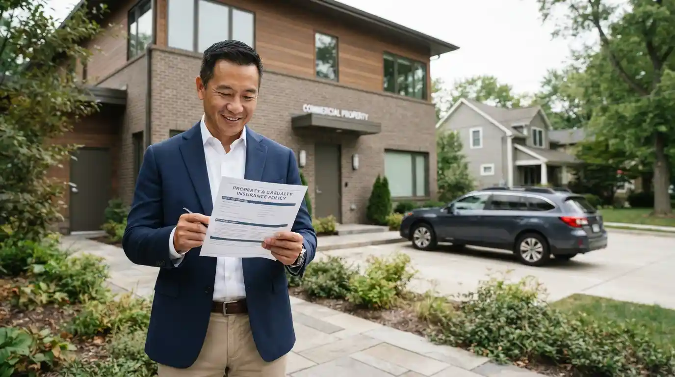Homeowner reviewing an insurance policy while a protected property and vehicle appear in the background