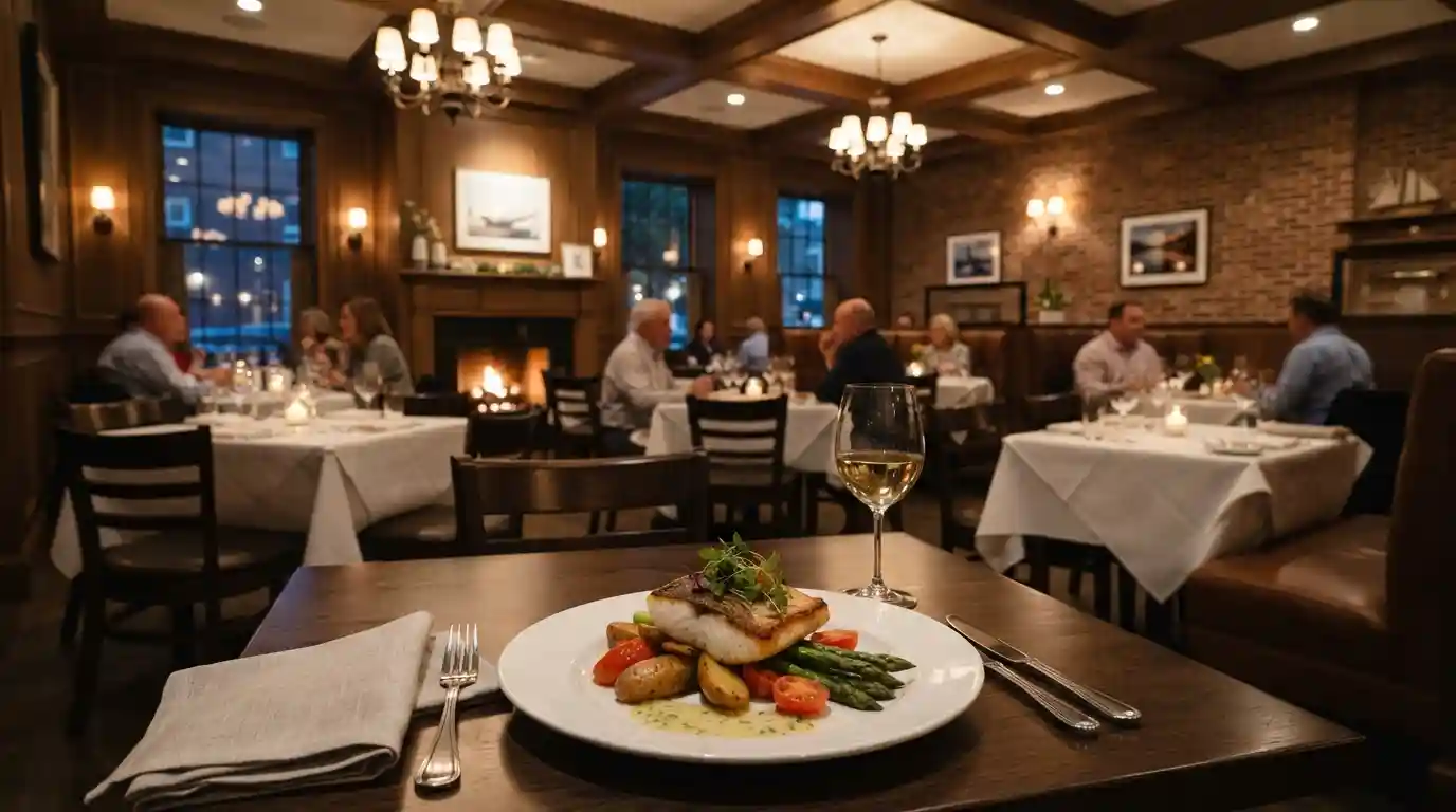 Elegant dining setting with a New England-inspired meal at Eighteen95 Restaurant in Portland, Maine