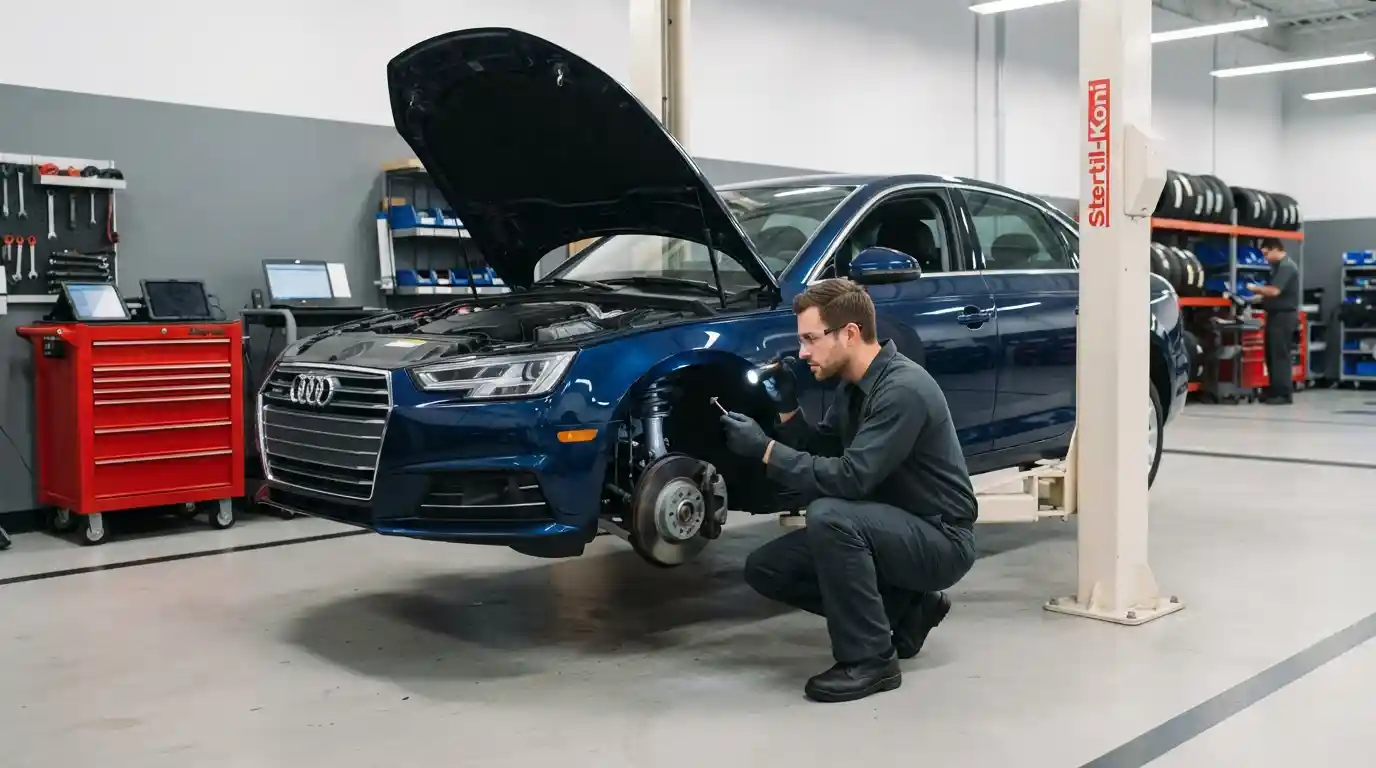 Automotive technician inspecting a vehicle inside a professional auto service workshop