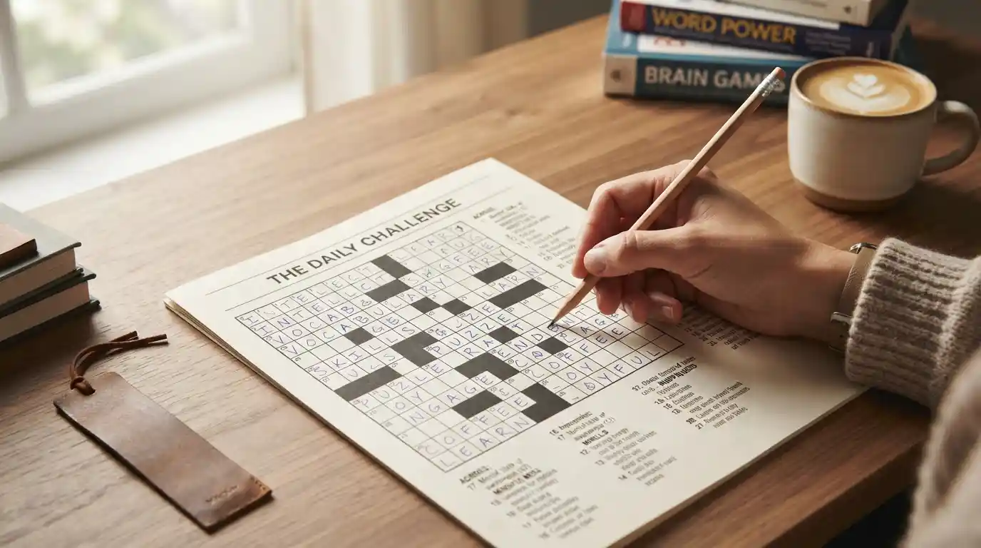 A crossword puzzle being solved on a desk with handwritten answers and a pencil