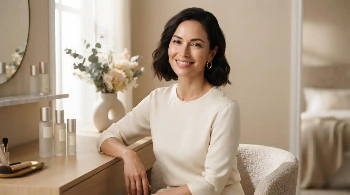 Woman with naturally glowing skin, polished makeup, healthy hair, and elegant personal style