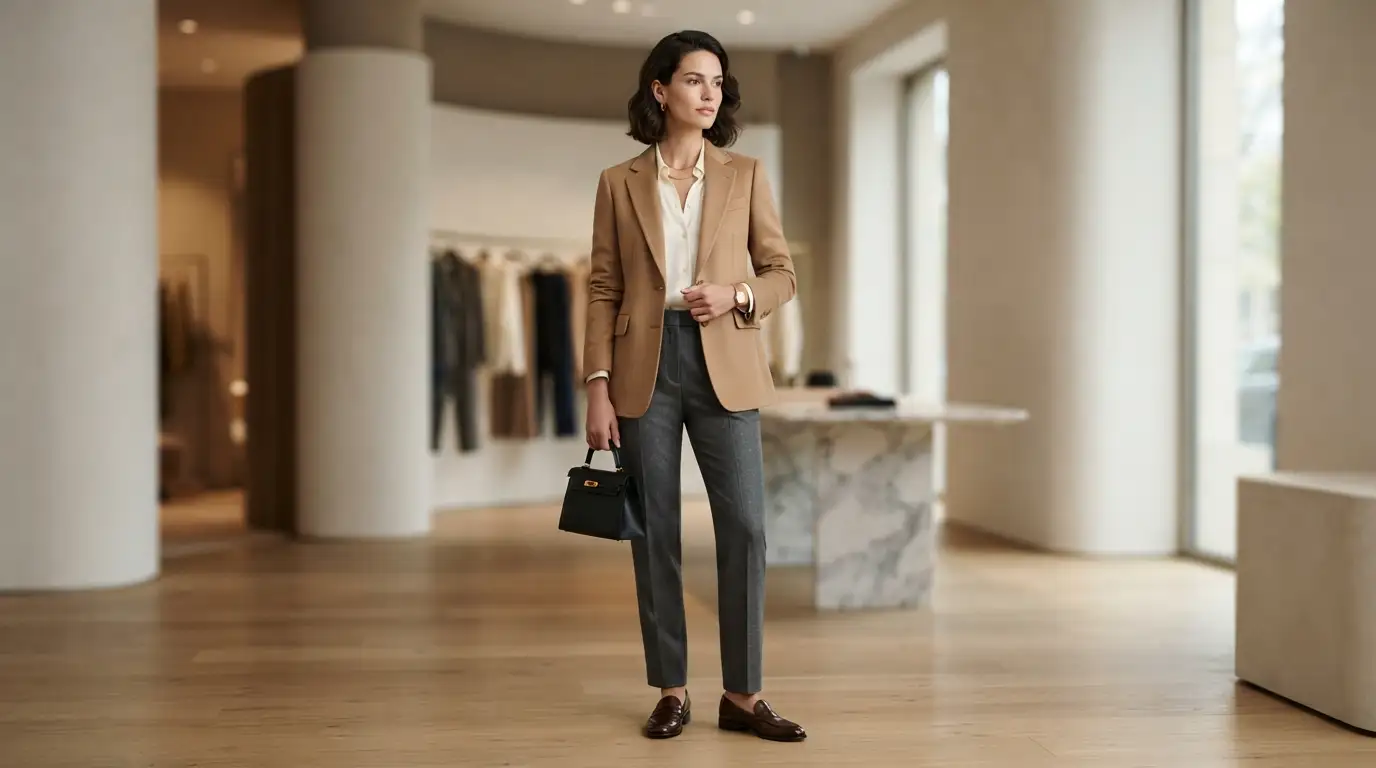 Elegant model wearing a tailored neutral outfit in a luxury fashion studio