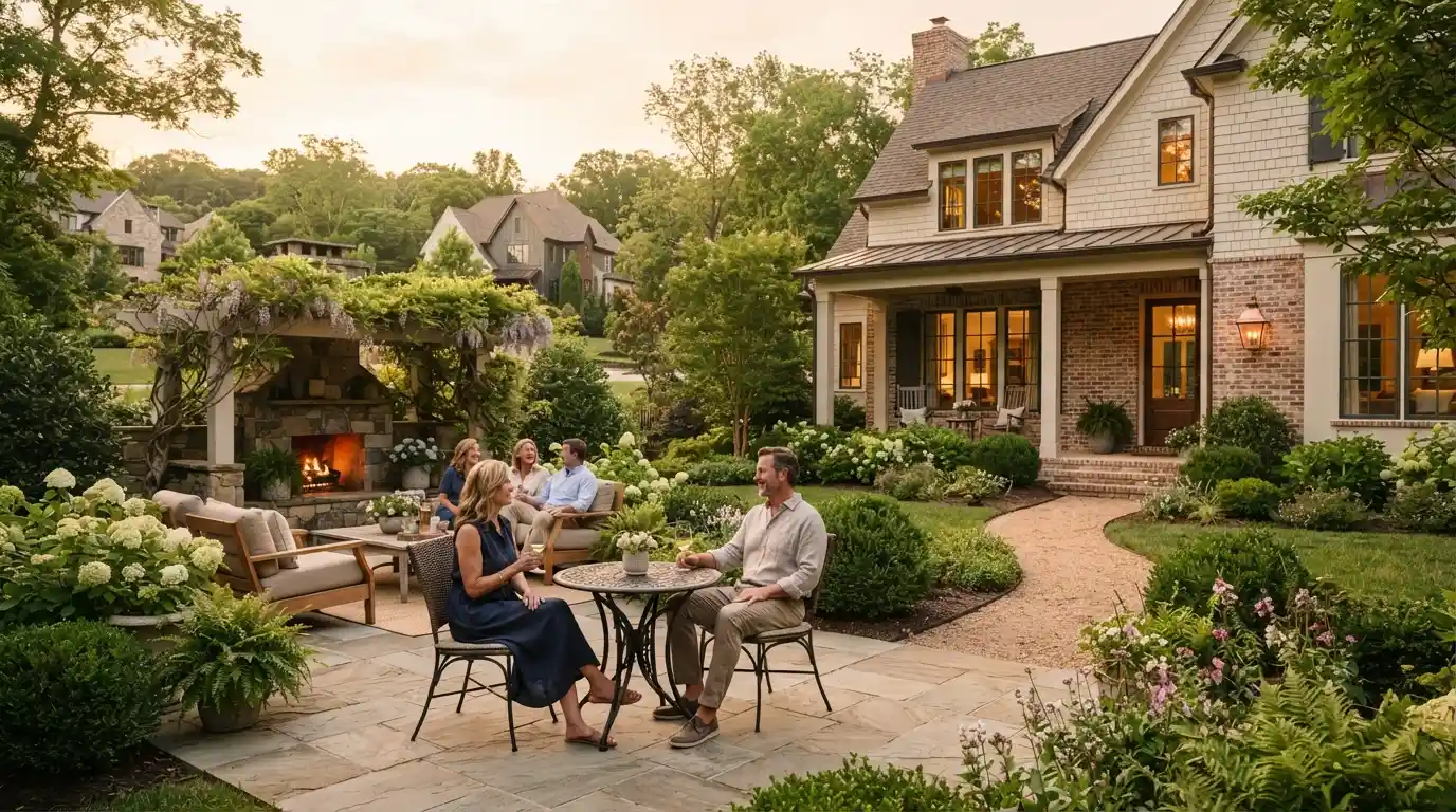 Upscale Franklin Tennessee home with landscaped grounds and an inviting outdoor living area