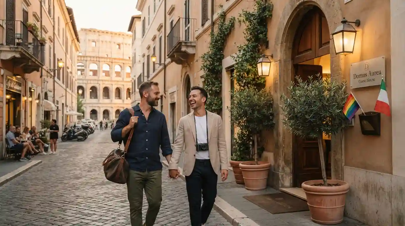 LGBTQ+ travelers approaching an elegant hotel near Rome's historic center with the Colosseum in the background