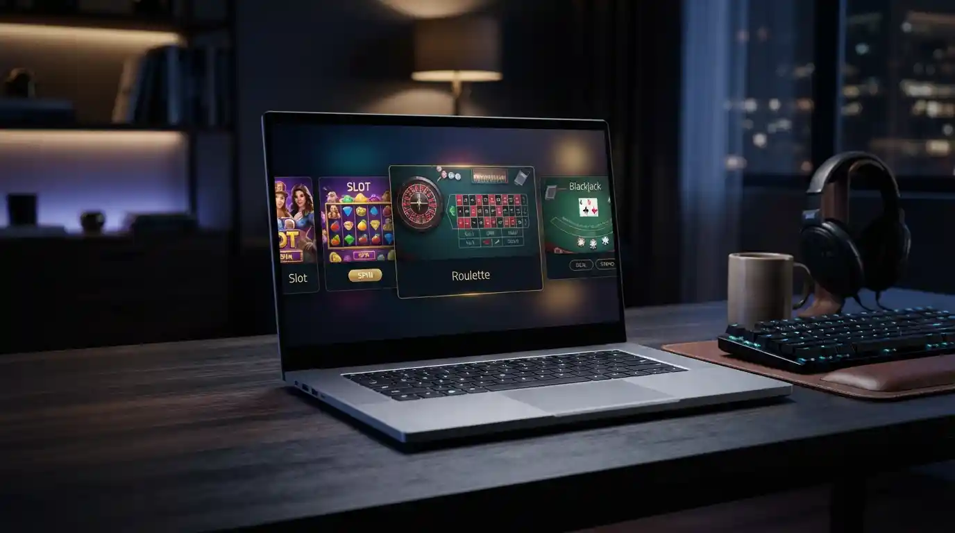 Modern online casino gaming interface displayed on a laptop for a Griffon Casino review