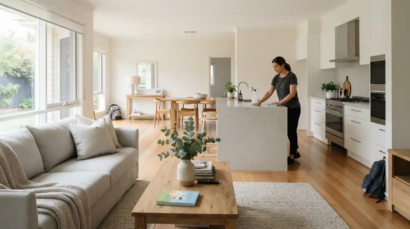Professional cleaner maintaining a bright, tidy modern home with a clean living room and kitchen.