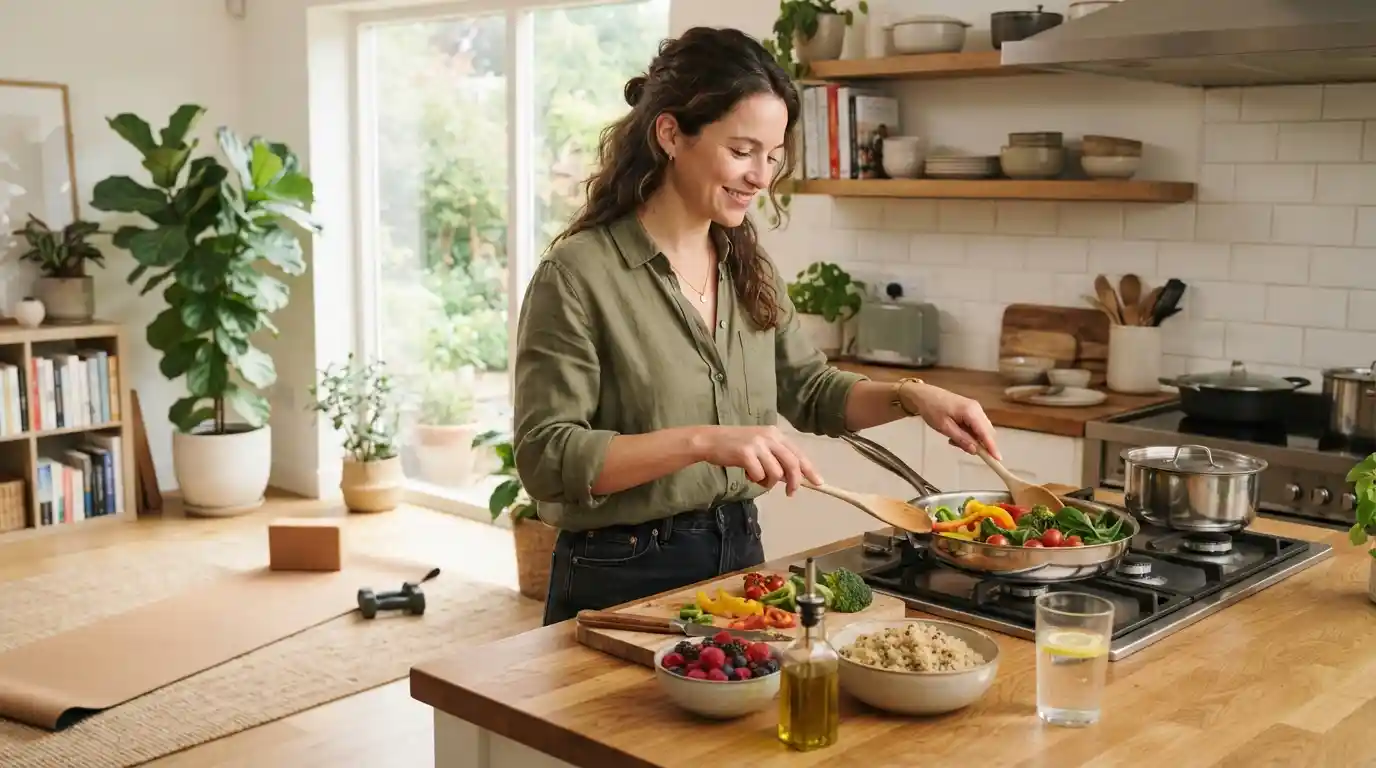 Adult preparing a nutritious meal in a bright home with a yoga mat and wellness essentials nearby