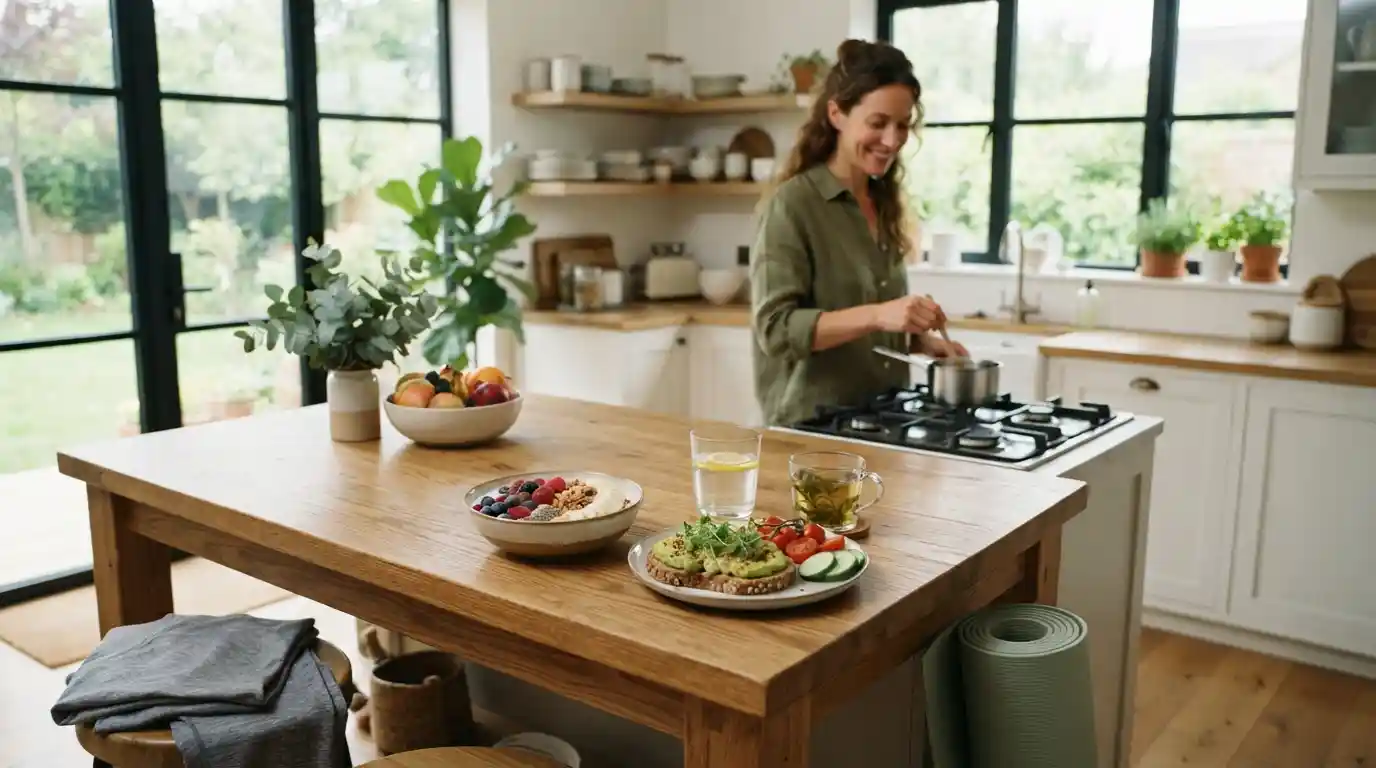 Healthy breakfast and wellness items arranged in a bright modern home
