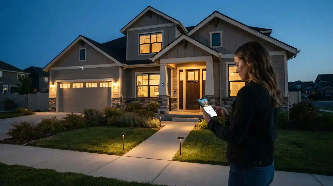 Modern suburban home with a video doorbell, outdoor security camera, and smart security monitoring