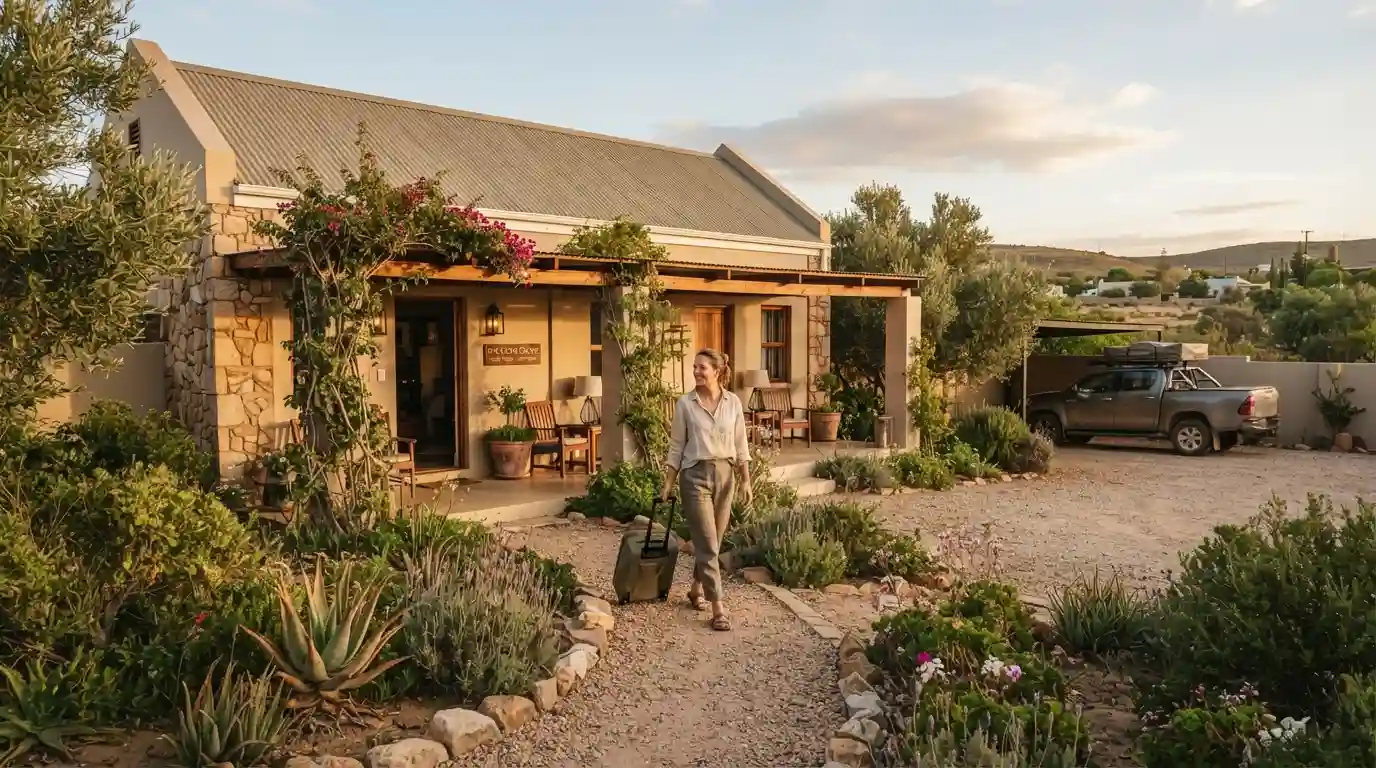 Charming hotel accommodation in Hopetown, Northern Cape with a traveler arriving by car