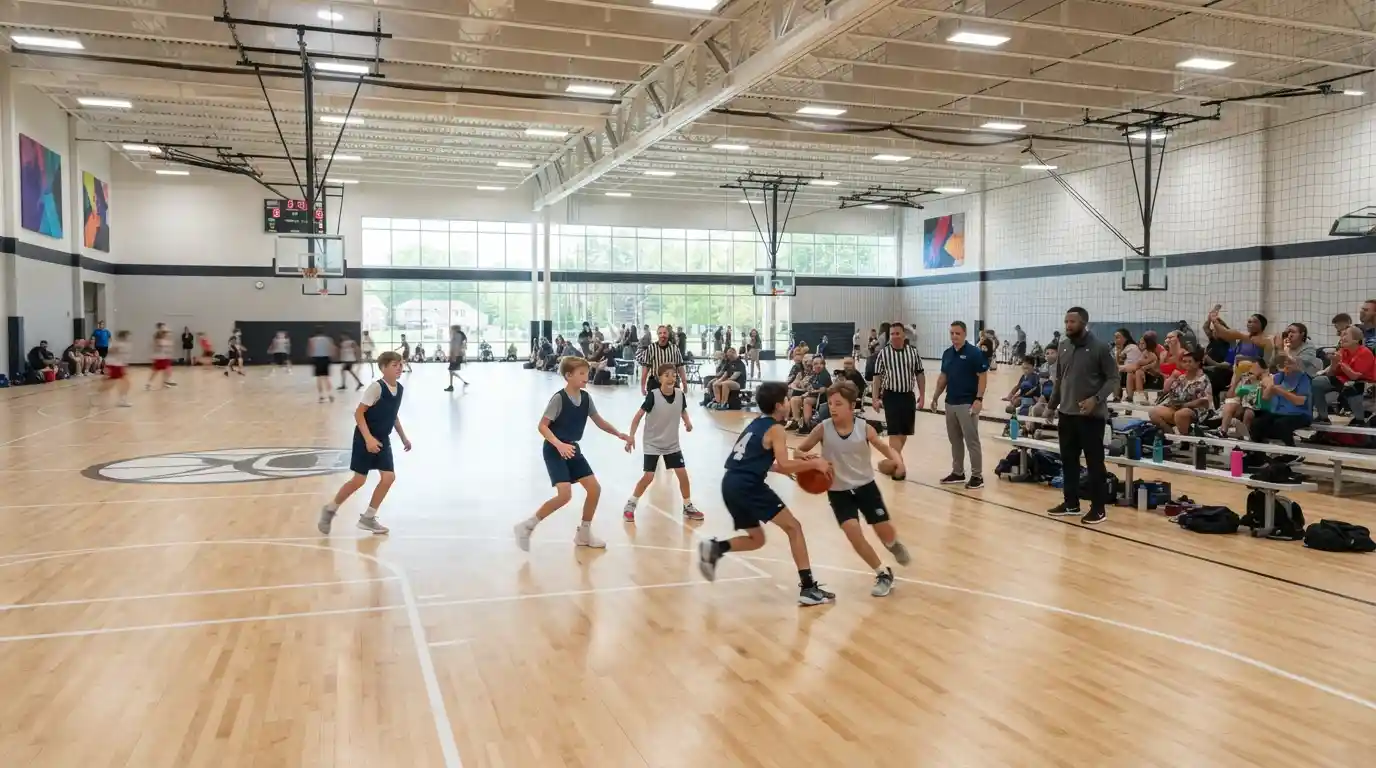 Young athletes participating in an organized sports activity inside a modern indoor sports complex